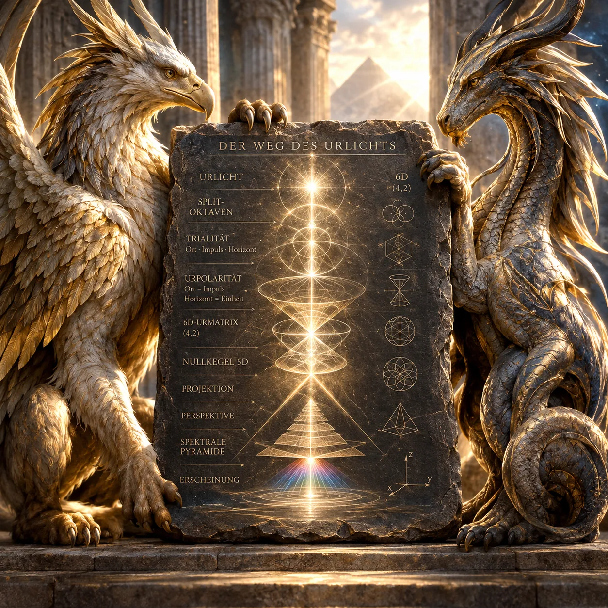 Ein Greif und ein Drache bewachen eine Steintafel mit dem symbolischen Weg des Urlichts zur Erscheinung und der Spektralen Pyramide.